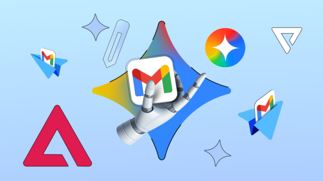 Uma mulher sentada em um sofá usando o telefone, cercada pelos logotipos do Gmail, Drive, Docs, YouTube e Gemini.