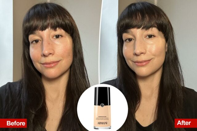 Seis frascos de base Armani Beauty Luminous Silk em tons variados, do claro ao escuro.