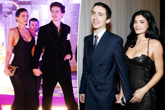 Timothée Chalamet rouba um beijo de Kylie Jenner e segura Timothée Chalamet rouba um beijo de Kylie Jenner e segura a mão dela em um raro momento de PDA