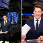 Tony Dokoupil é o âncora do CBS Mornings no United Center em Chicago, onde várias telas e banners são exibidos