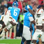O linebacker do Miami (FL) Hurricanes, Mohamed Toure (1), reage após uma jogada contra os rebeldes do Mississippi no primeiro tempo durante o Fiesta Bowl de 2026 e o ​​jogo semifinal do College Football Playoff no State Farm Stadium.