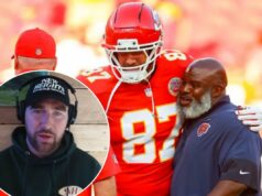 Travis Kelce pode ter sugerido sobre seu futuro na NFL ao receber Eric Bieniemy de volta ao Chiefs Um jogador do Kansas City Chiefs com camisa vermelha com o número 87 está sendo abraçado por dois treinadores, um do Chiefs e outro do Chicago Bears.