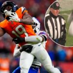 O cornerback do Bills, Tre'davious White (27), é chamado por uma interferência de passe no wide receiver do Broncos, Marvin Mims Jr. (19), durante a prorrogação em 17 de janeiro de 2026.