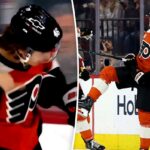 Trevor Zegras, do Philadelphia Flyers, comemora após marcar seu segundo gol.