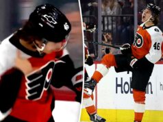 Trevor Zegras se regozija após vitória sobre o ex-time dos Ducks: ‘F-king incrível’ Trevor Zegras, do Philadelphia Flyers, comemora após marcar seu segundo gol.