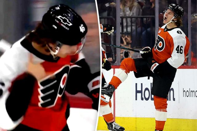 Trevor Zegras, do Philadelphia Flyers, comemora após marcar seu segundo gol.