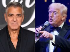 Trump ataca o ‘cara comum’ George Clooney que ‘reclamava, constantemente, do bom senso na política’ Donald Trump falando ao microfone na celebração da véspera de Ano Novo.