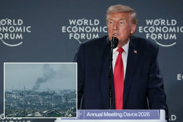 Donald Trump discursando no 56º Fórum Econômico Mundial anual em Davos.