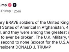 Trump recua em suas afirmações que as tropas britânicas se esquivaram da linha de frente do Afeganistão depois de provocar a fúria de veteranos e Starmer: chama os soldados de ‘inigualáveis’ Num comunicado, o Presidente dos EUA disse: 'Os GRANDES e muito CORAJOSOS soldados do Reino Unido estarão sempre com os Estados Unidos da América!'