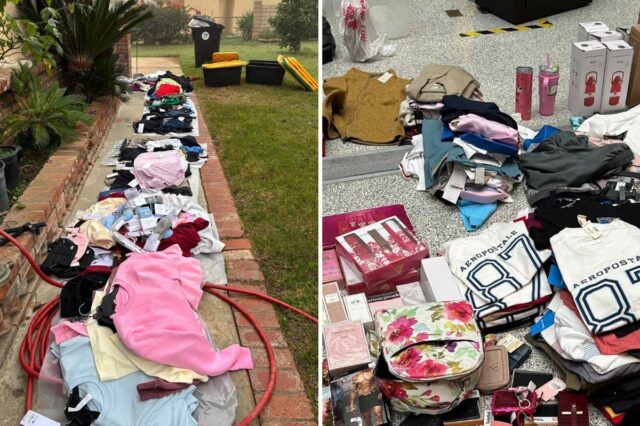 US$ 100 mil em produtos roubados, incluindo Lululemon, recuperados em Loja de roupas esportivas Lululemon em Santa Monica, Califórnia, com fachada listrada em azul e verde.