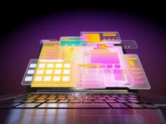 Um aplicativo social pode consertar a ‘terrível devastação’ das mídias sociais? Digital generated animated video of multicoloured social media icons and data screens moving out from opened laptop against dark purple background.