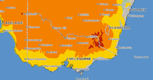 Uma onda de calor se dirige para Victoria e o pior está previsto para ocorrer na terça-feira, conforme mostrado neste mapa.