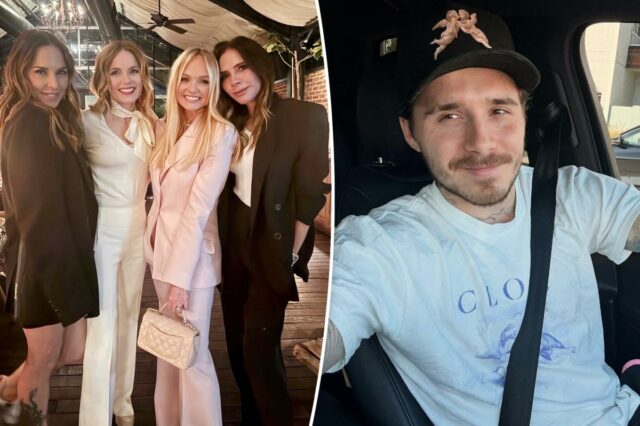 Victoria Beckham faz cara de corajosa quando as Spice Girls se reúnem na festa de 50 anos de Emma Bunton, dias depois de o Brooklyn ter agredido a família
