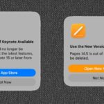 Você deve atualizar para os novos Pages, Numbers e Keynote no Mac? | Capturas de tela dos prompts para atualização