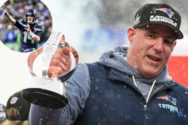 O quarterback do Seattle Seahawks, Sam Darnold # 14, lançando um passe durante o jogo do campeonato NFC.