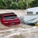 Charlotte Armstrong e sua família foram forçadas a fugir do Cumberland River Holiday Park quando o rio transbordou após fortes chuvas ontem.