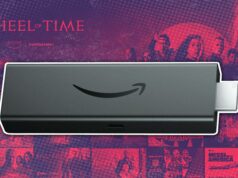 10 aplicativos incríveis do Fire TV Stick dos quais você provavelmente nunca ouviu falar Somente corpo do Amazon Fire TV Stick 4K, mostrado na frente da TV executando Fire OS