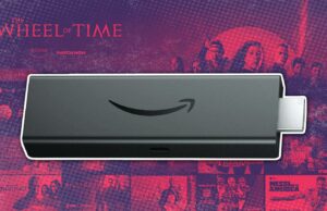 10 aplicativos incríveis do Fire TV Stick dos quais você provavelmente nunca ouviu falar Somente corpo do Amazon Fire TV Stick 4K, mostrado na frente da TV executando Fire OS