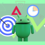 Um mascote 3D do Android cercado por ícones que representam recursos como tela dividida, histórico da área de transferência, configurações rápidas, automação e navegação por gestos.