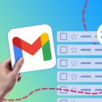 Ilustração do ícone do Gmail centralizado em um fundo colorido, com vários ícones do Google Tasks empilhados no lado esquerdo, um deles sobreposto ao logotipo do Gmail.
