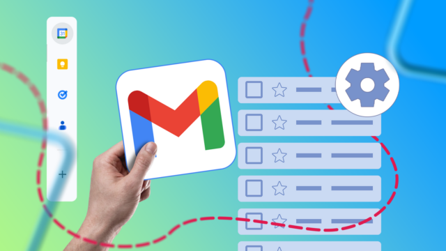 Ilustração do ícone do Gmail centralizado em um fundo colorido, com vários ícones do Google Tasks empilhados no lado esquerdo, um deles sobreposto ao logotipo do Gmail.