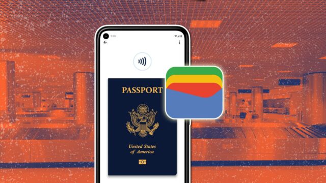 Um telefone Android com passaporte dos EUA na parte superior da tela com fundo desfocado de uma área de espera em um terminal de um aeroporto