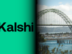 A ação coletiva do Oregon tem como alvo Kalshi por supostas operações ilegais de plataforma de apostas esportivas A ação coletiva do Oregon tem como alvo Kalshi por supostas operações ilegais de plataforma de apostas esportivas. Imagem dividida mostrando o logotipo Kalshi em um fundo verde à esquerda e uma grande ponte em arco de aço sobre um rio em Oregon à direita, com barcos e uma marina visíveis abaixo.