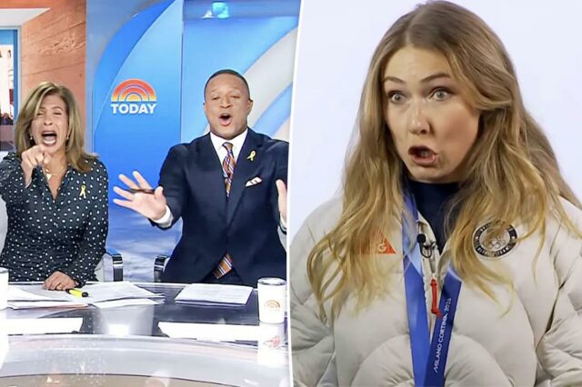 A atleta olímpica Mikaela Shiffrin lança a bomba F durante A atleta olímpica Mikaela Shiffrin lança a bomba F durante o segmento ao vivo do programa 'Today': 'S – t, sinto muito!'