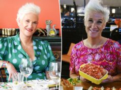 A chef Anne Burrell deixou uma nota de suicídio antes de sua morte: relatório policial A chef Anne Burrell está sentada em uma mesa de jantar com uma toalha floral vibrante, sorrindo para a câmera.