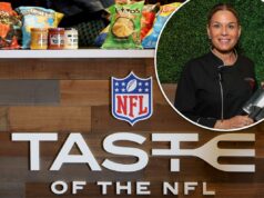 A chef famosa Cat Cora dá um grande conselho para os anfitriões da festa do Super Bowl Cat Cora segurando uma faca de chef embalada de sua linha de produtos, com um