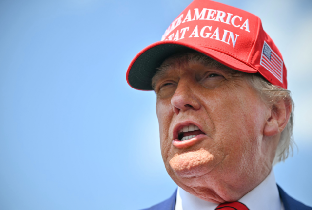 Donald Trump speaks to the press upon arrival at Morristown Municipal Airport in Morristown, New Jersey, on June 20, 2025.