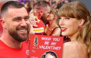 A conta de podcast de Travis Kelce publica um cartão de Dia dos Namorados com referência a ‘Wood’ de Taylor Swift cartão principal do dia dos namorados travis kelce taylor swift getty x