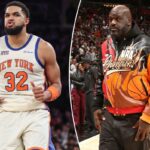 Karl-Anthony Towns, comemorando depois de um balde, marcou 25 pontos, o recorde do time, na vitória de retorno dos Knicks por 108-106 sobre os Rockets em 21 de fevereiro de 2026 no Gardden.