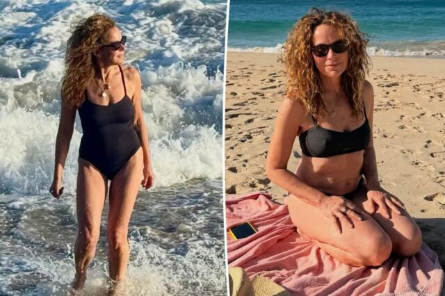A estrela de 'Dirty Dancing' Jennifer Grey, 65, aproveita o sol em uma dupla de maiôs pretos
