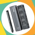 Uma chave de fenda elétrica Fanttik NEX E1 Max cinza com múltiplas pontas.