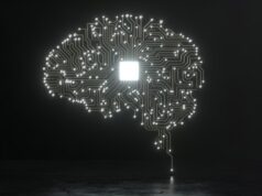 A indústria de interface cérebro-computador da China está avançando Digital image of artificial intelligence human brain on black background.