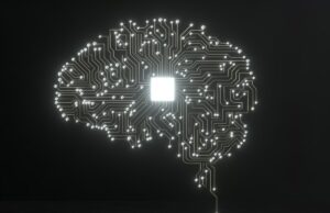 A indústria de interface cérebro-computador da China está avançando Digital image of artificial intelligence human brain on black background.