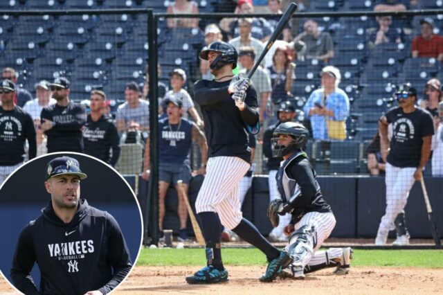 A melhora da saúde de Giancarlo Stanton vem com muita Giancarlo Stanton, nº 27 do New York Yankees, se aquece durante os treinos da equipe.