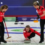 Arah Wilkes, Rachel Homan e Emma Miskew do Canadá em ação durante o round robin de curling feminino contra a Suíça nos Jogos Olímpicos de Inverno de 2026, em Cortina d'Ampezzo, Itália, sábado, 14 de fevereiro de 2026.