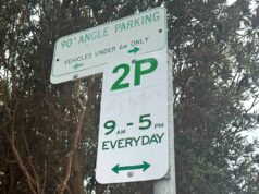 A regra que Karina quebrou não está em nenhum lugar desta placa, mas ela ainda recebeu uma multa Essas eram as únicas placas nas imediações de onde Karina estacionou de costas para o meio-fio ao longo da Narrabeen Park Parade, nas praias do norte de Sydney.