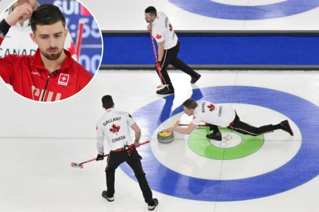A seleção masculina de curling do Canadá foi atingida pela O canadense Marc Kennedy (c.) compete no curling masculino contra a Suíça em 14 de fevereiro de 2026.
