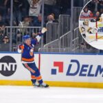 Bo Horvat, nº 14 do New York Islanders, reage depois de marcar o gol da vitória na prorrogação, quando o New York Islanders jogou contra o Pittsburgh Penguins na terça-feira, 3 de fevereiro de 2026, na UBS Arena.
