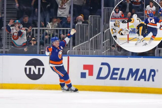Bo Horvat, nº 14 do New York Islanders, reage depois de marcar o gol da vitória na prorrogação, quando o New York Islanders jogou contra o Pittsburgh Penguins na terça-feira, 3 de fevereiro de 2026, na UBS Arena.