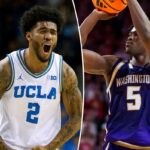 Donovan Dent (UCLA #2) reage à sua cesta durante o primeiro tempo de um jogo de basquete universitário.