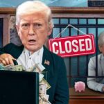 Ilustração de Donald Trump com uma pasta cheia de dinheiro, do lado de fora da janela de um caixa de banco com um