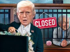 A verdade suja sobre a ‘desbancarização’ de Trump pelo JPMorgan – e por que a legislação é necessária Ilustração de Donald Trump com uma pasta cheia de dinheiro, do lado de fora da janela de um caixa de banco com um