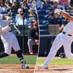 O outfielder do New York Yankees, Spencer Jones (78), faz um home run contra o Detroit Tigers durante o segundo turno em um jogo de treinamento de primavera no George M. Steinbrenner Field.