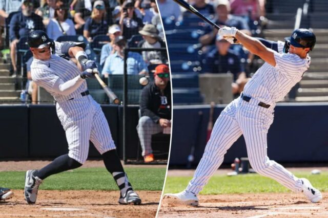 O outfielder do New York Yankees, Spencer Jones (78), faz um home run contra o Detroit Tigers durante o segundo turno em um jogo de treinamento de primavera no George M. Steinbrenner Field. 
