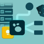 Homem trabalhando em um laptop ao lado de um grande logotipo 3D do Google Keep e de uma lista de verificação flutuante.