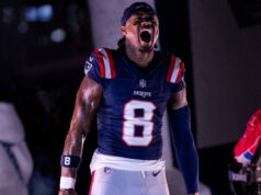 Adereços do jogador Stefon Diggs: probabilidades, escolhas e previsões do Super Bowl 2026 Drake Maye #10 e Stefon Diggs #8 do New England Patriots.